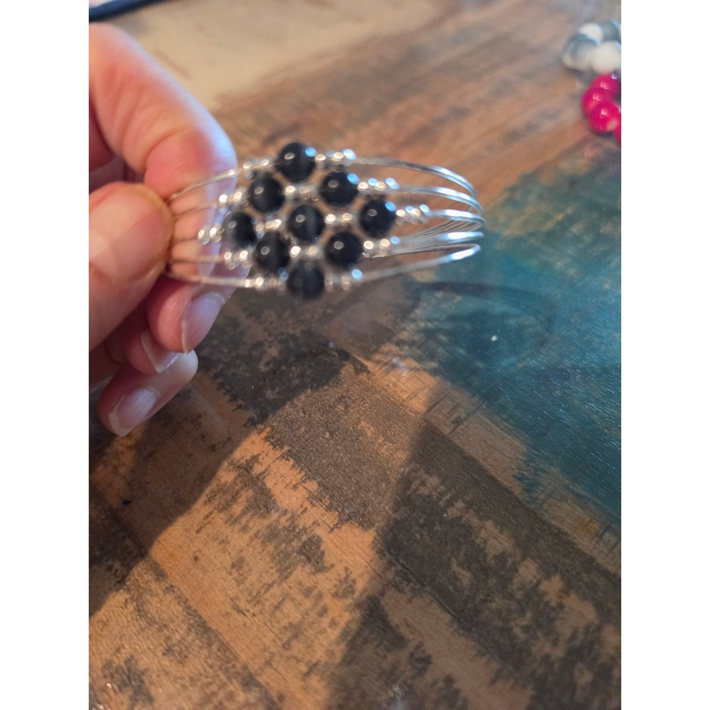 Silver Tone Multi Wire Cuff Bracelet Black Beaded Cluster Diamond Shape Boho